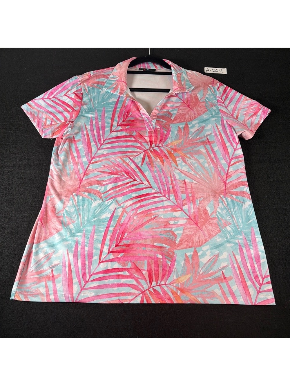 Yatta Golf Women XL Pink Blue Tropical Palm Print Polo Shirt Stretch Golf Top